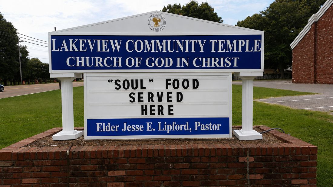 The Lakeview Community Temple Church of God in Christ sign on Elvis Presley Boulevard, reading Elder Jesse E. Lipford, Pastor