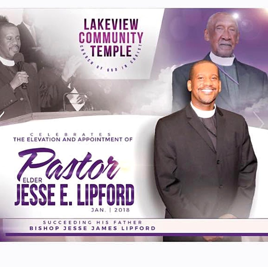 Commemorative poster celebrating the elevation and appointment of Pastor Jesse E. Lipford in January 2018, succeeding his father, Bishop Jesse James Lipford